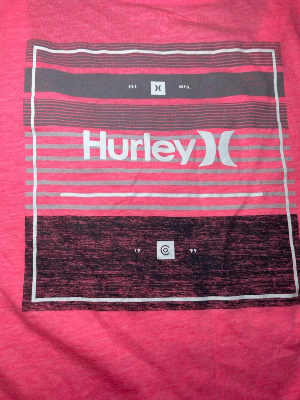 Hurley Y2K Neon Pink Graphic Tee Striped Sleeves Logo Surf Skater Women’s Medium - Picture 7 of 12